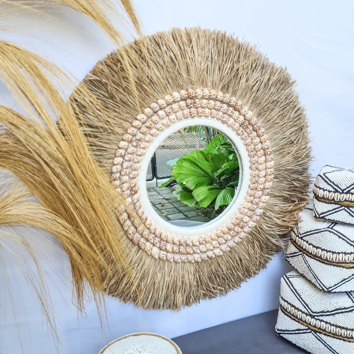Boho mirror 63cm palm leaf and orange shells bohemian style wall decor eco mirror wall hangings juju hat