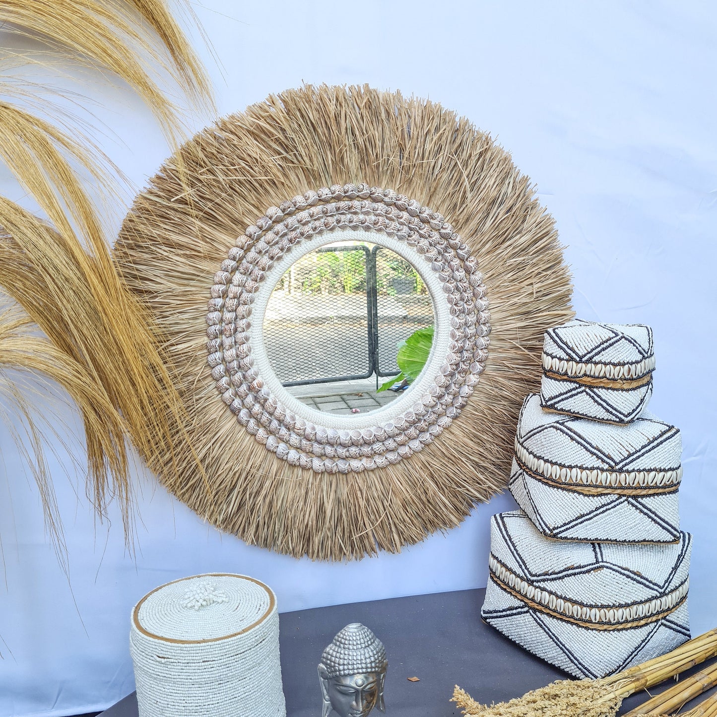 Boho mirror 63cm bohemian style wall decor eco mirror wall hangings juju hat made from palm leaf and purple shells