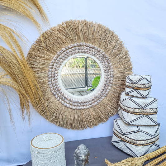 Boho mirror 63cm bohemian style wall decor eco mirror wall hangings juju hat made from palm leaf and purple shells