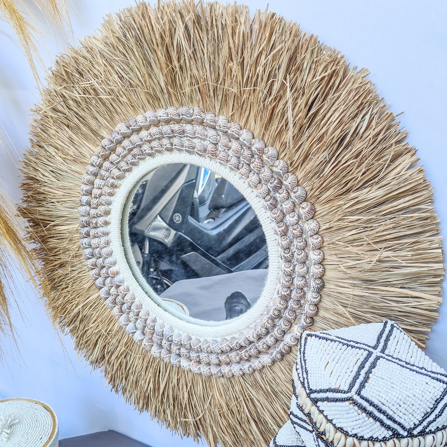 Boho mirror 63cm bohemian style wall decor eco mirror wall hangings juju hat made from palm leaf and purple shells