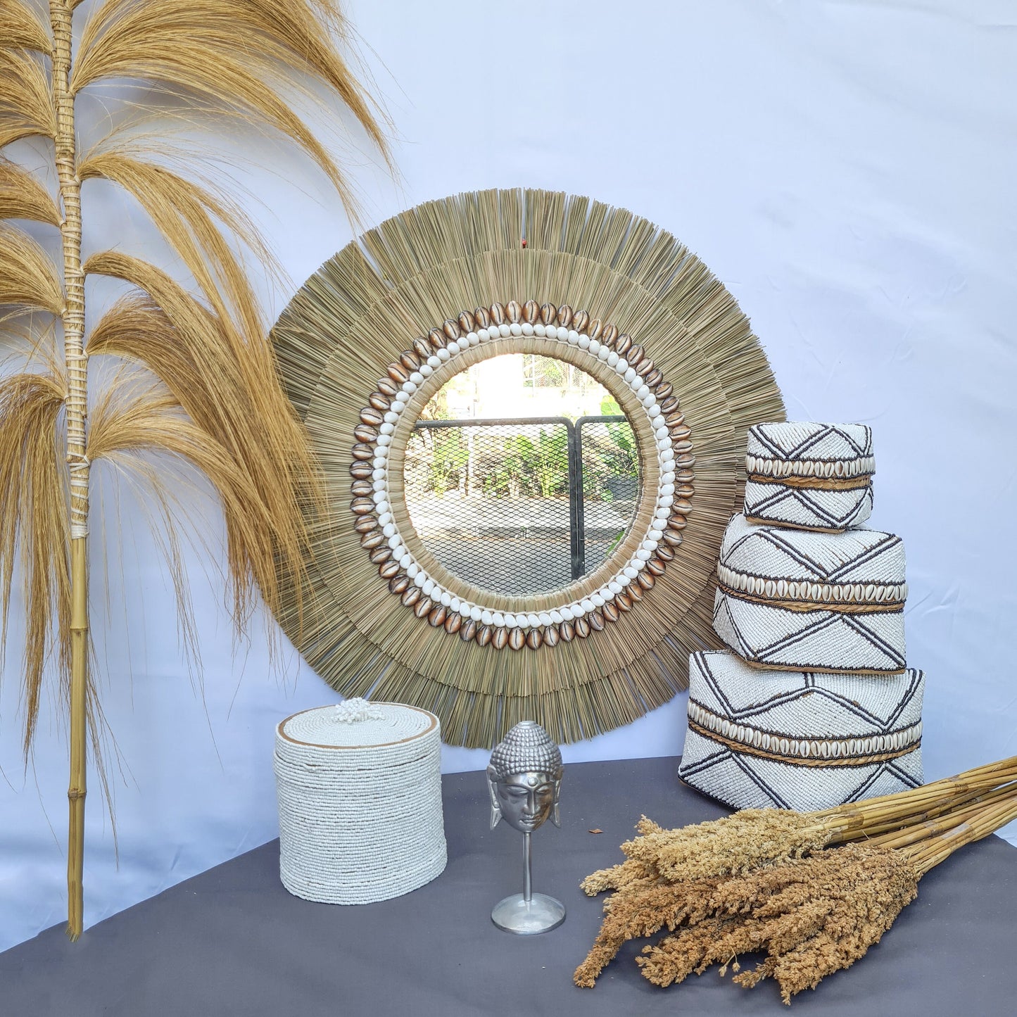 Boho mirror 66cm shells fimbristylis eco mirror jujuhat wall decor bohemian wall hangings tropical style