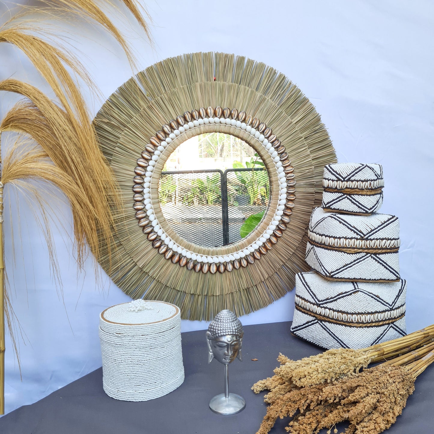 Boho mirror 66cm shells fimbristylis eco mirror jujuhat wall decor bohemian wall hangings tropical style
