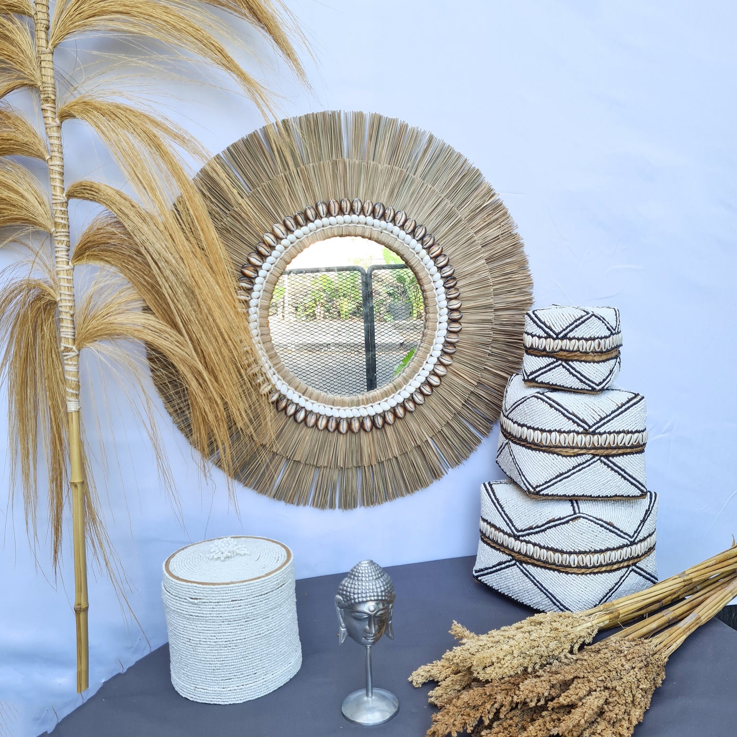 Boho mirror 60cm mendong shells fimbristylis eco mirror jujuhat wall decor bohemian wall hangings tropical style