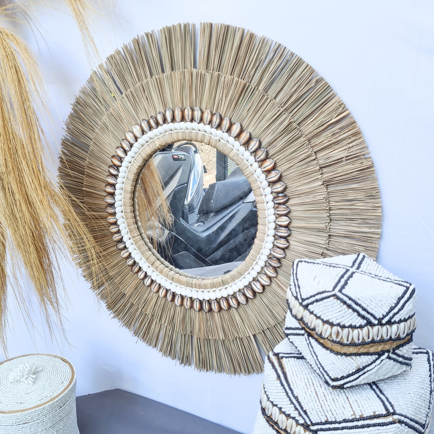Boho mirror 60cm mendong shells fimbristylis eco mirror jujuhat wall decor bohemian wall hangings tropical style