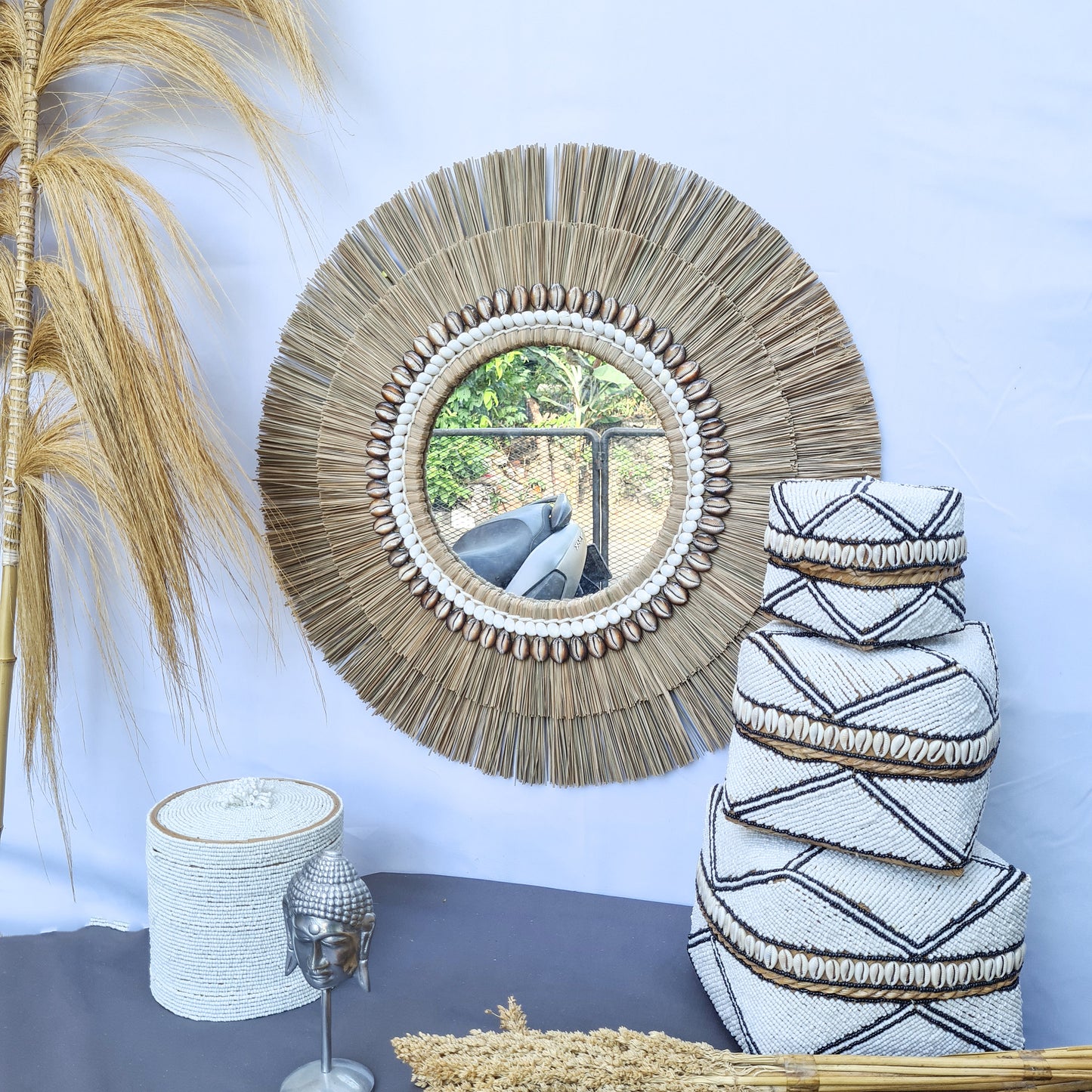 Boho mirror 60cm mendong shells fimbristylis eco mirror jujuhat wall decor bohemian wall hangings tropical style