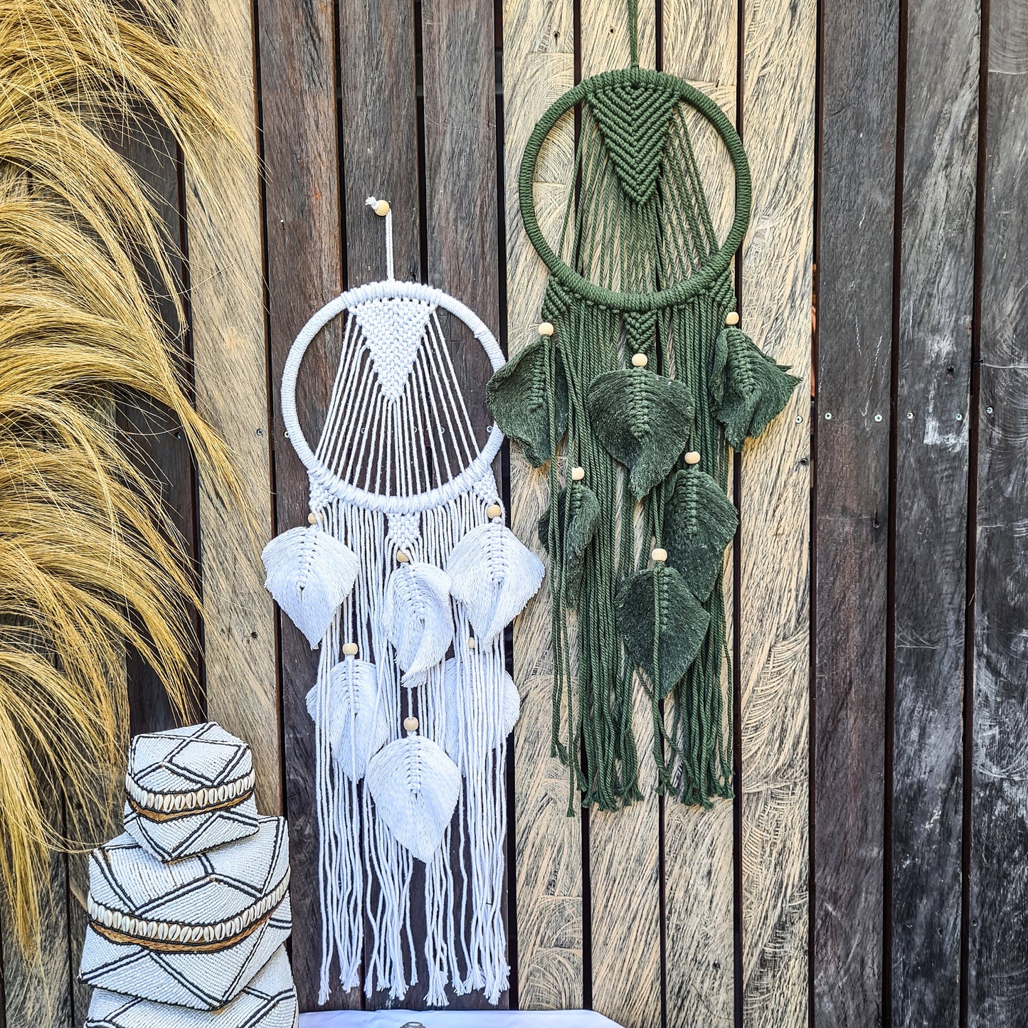 Wall decor macrame green white wall hangings boho decor decals wicker macrame installation
