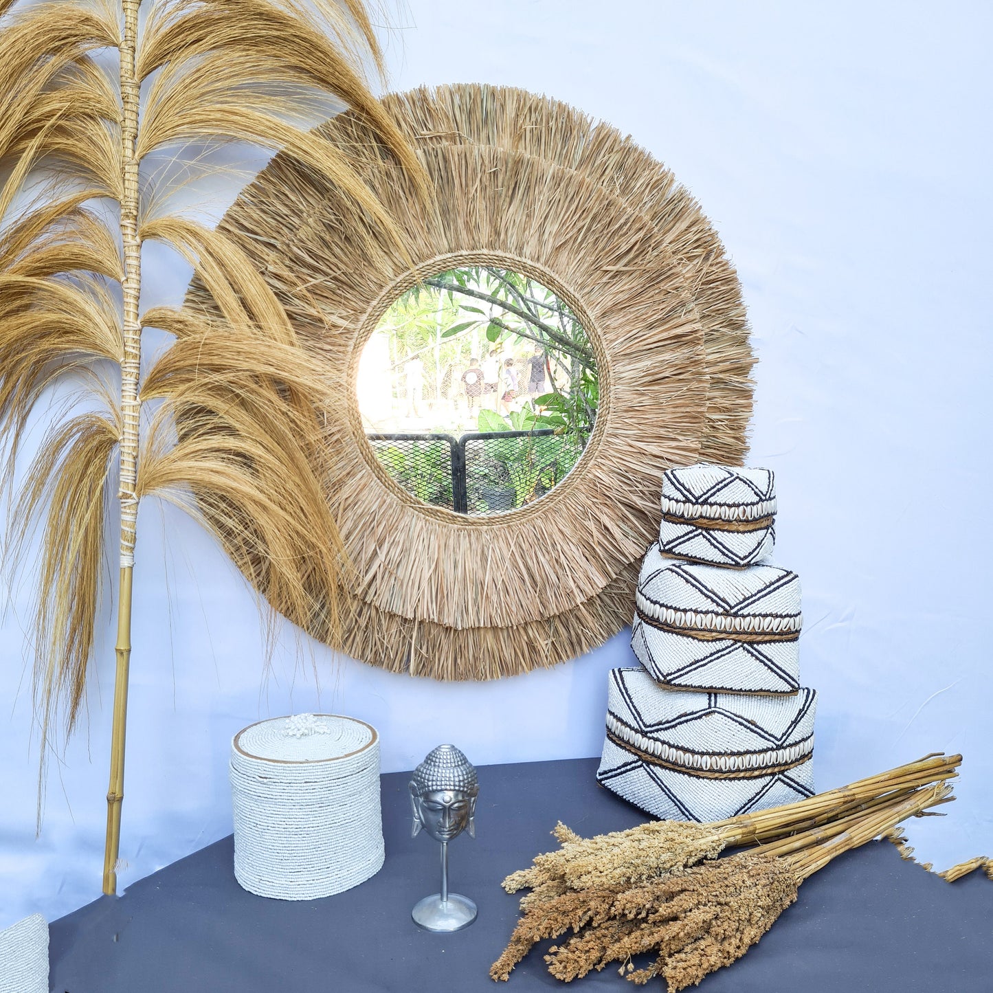 Boho mirror 72cm wall mirror palm leaf and agel bohemian wall hangings juju hat tropical decoration eco mirror