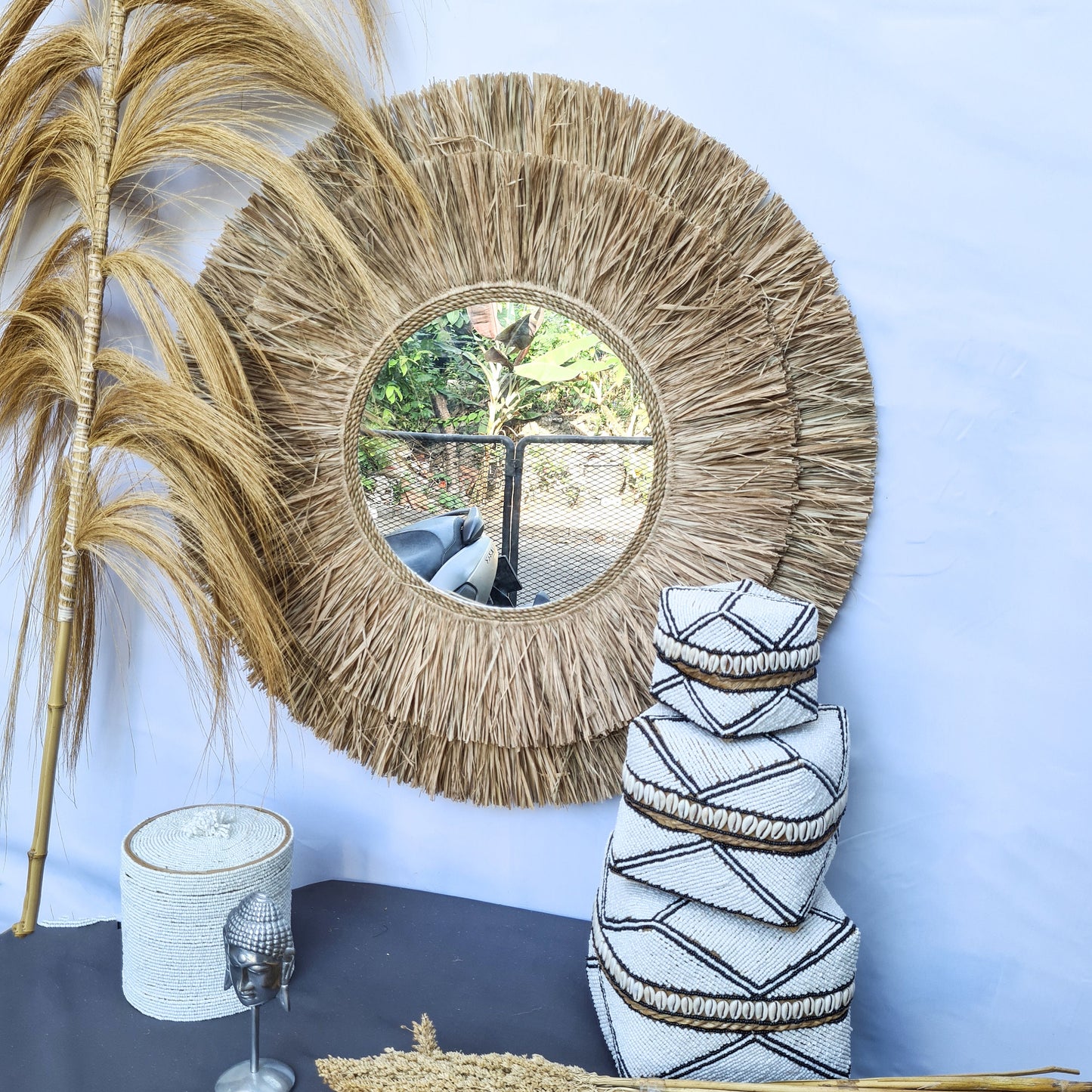 Boho mirror 72cm wall mirror palm leaf and agel bohemian wall hangings juju hat tropical decoration eco mirror