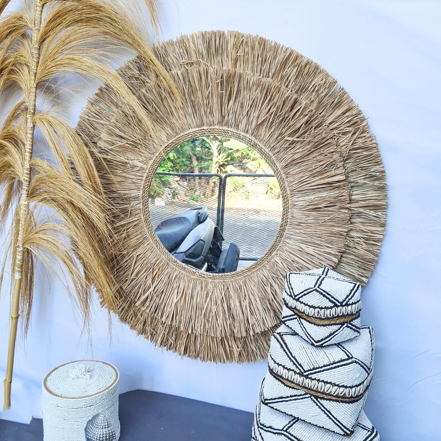Boho mirror 72cm wall mirror palm leaf and agel bohemian wall hangings juju hat tropical decoration eco mirror
