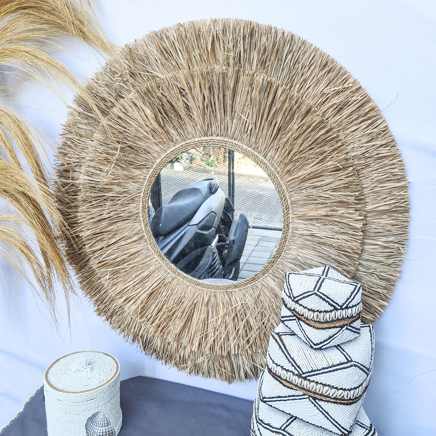 Boho mirror 80cm palm leaf and agel bohemian wall mirror wall hangings juju hat tropical decoration eco mirror
