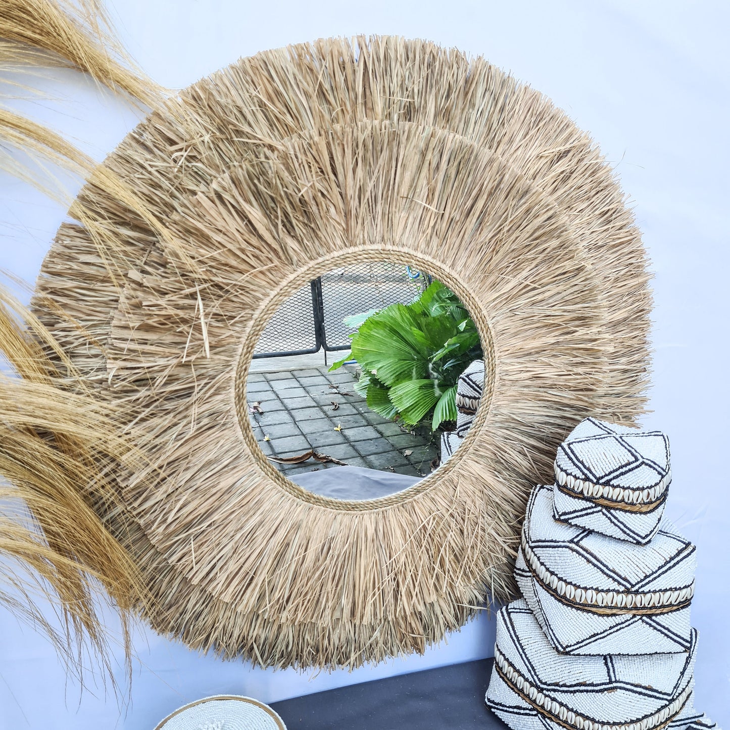 Boho mirror 80cm palm leaf and agel bohemian wall mirror wall hangings juju hat tropical decoration eco mirror