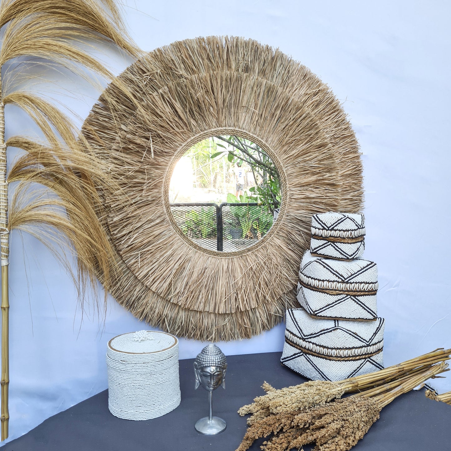 Boho mirror 80cm palm leaf and agel bohemian wall mirror wall hangings juju hat tropical decoration eco mirror