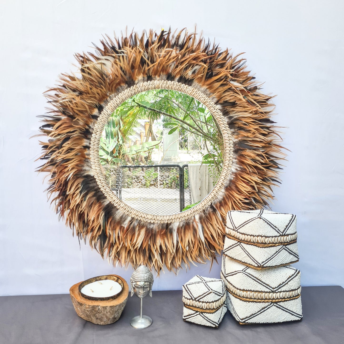 Tropical mirror 80cm boho decoration made from feathers bohemian mirror wall decor wall hangings feather decor