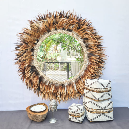 Tropical mirror 80cm boho decoration made from feathers bohemian mirror wall decor wall hangings feather decor