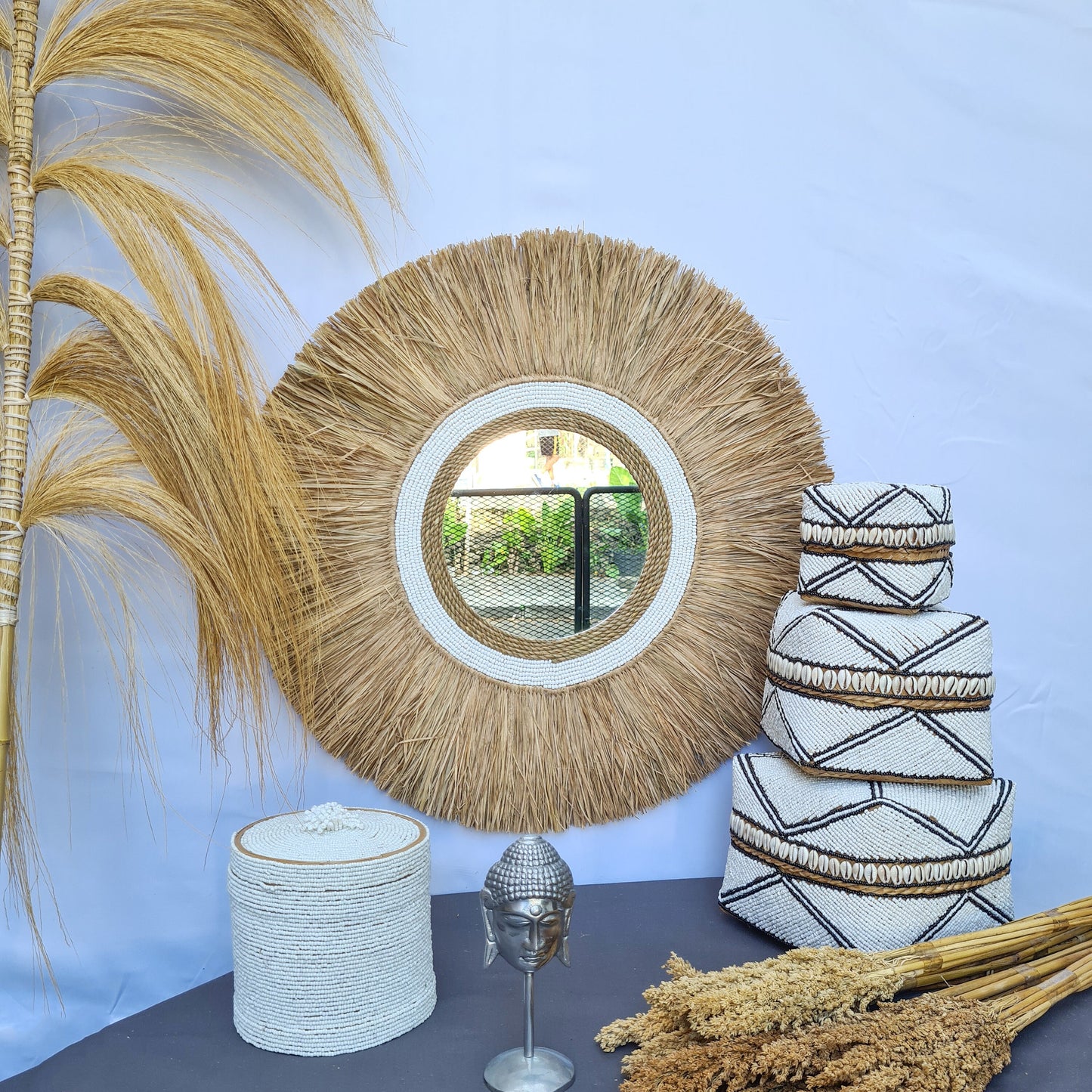 Boho mirror 60cm white beads palm leaf and agel bohemian wall mirror wall hangings juju hat tropical decoration eco mirror