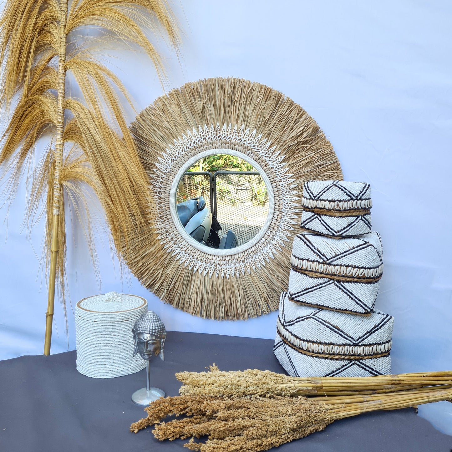Boho mirror 70cm bohemian wall mirror palm leaf and shells wall hangings juju hat tropical decoration eco mirror tropic style