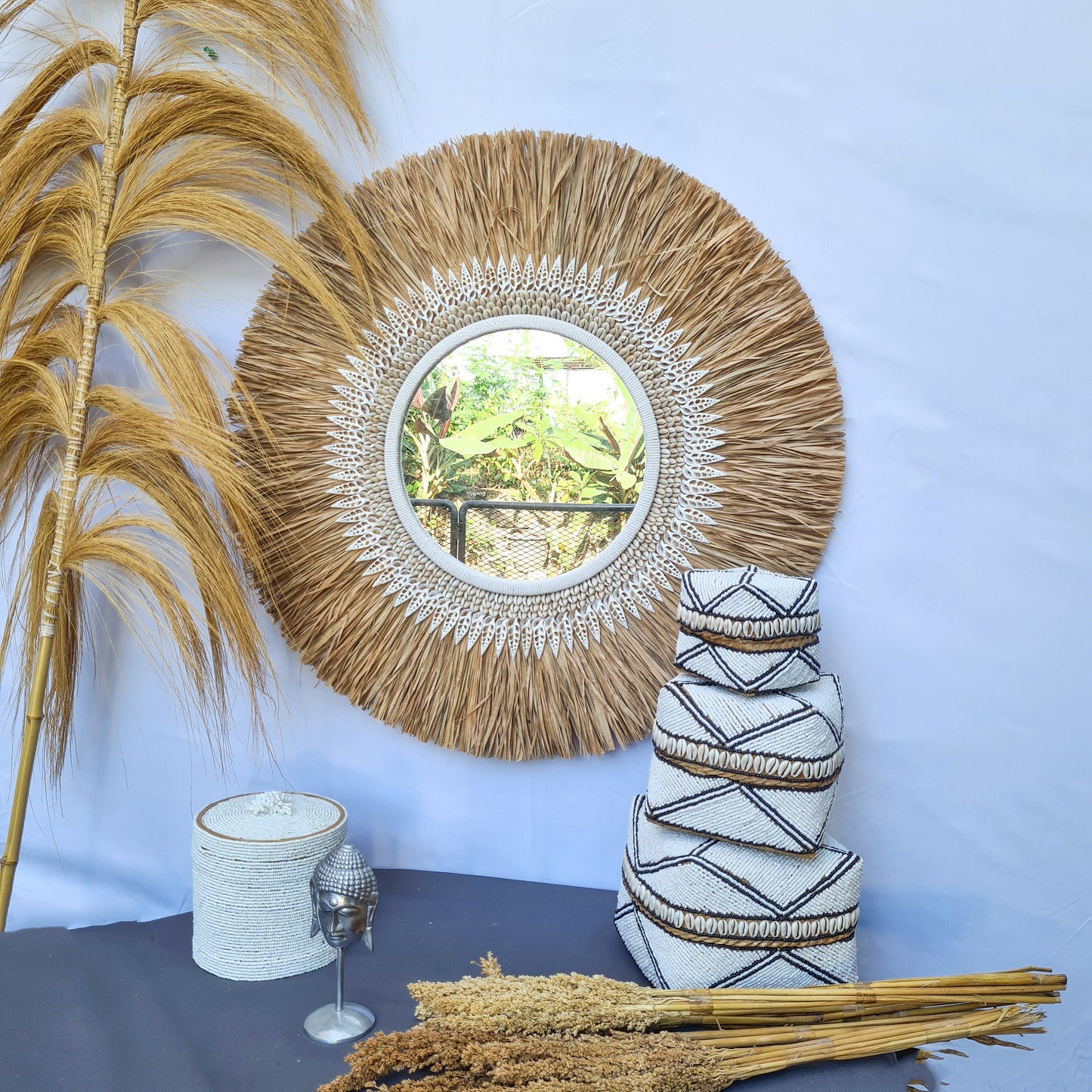 Boho mirror 60cm bohemian wall mirror palm leaf and shells wall hangings juju hat tropical decoration eco mirror tropic style