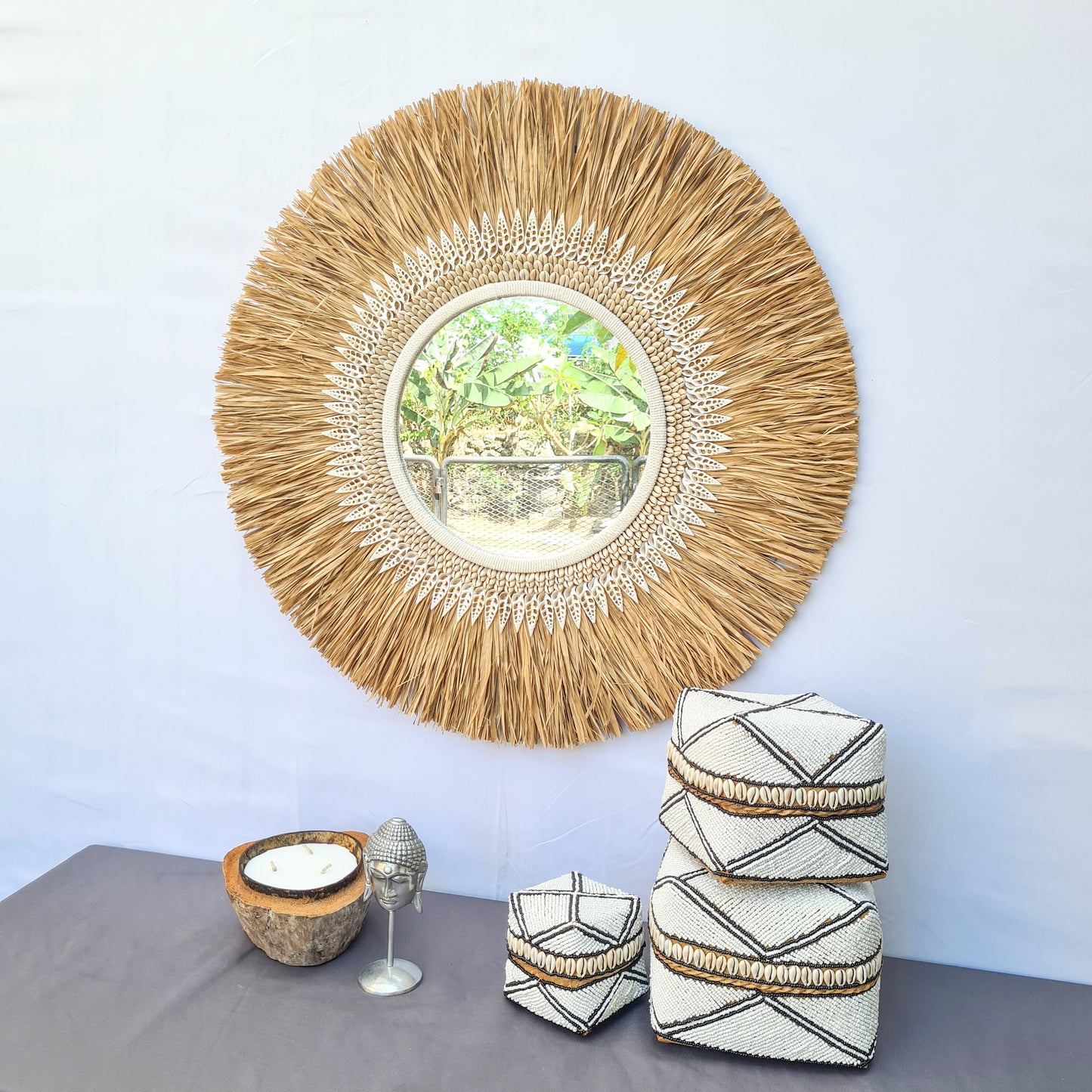 Tropical mirror 70cm boho decoration made from palm shells bohemian mirror wall decor wall hangings rafia decor