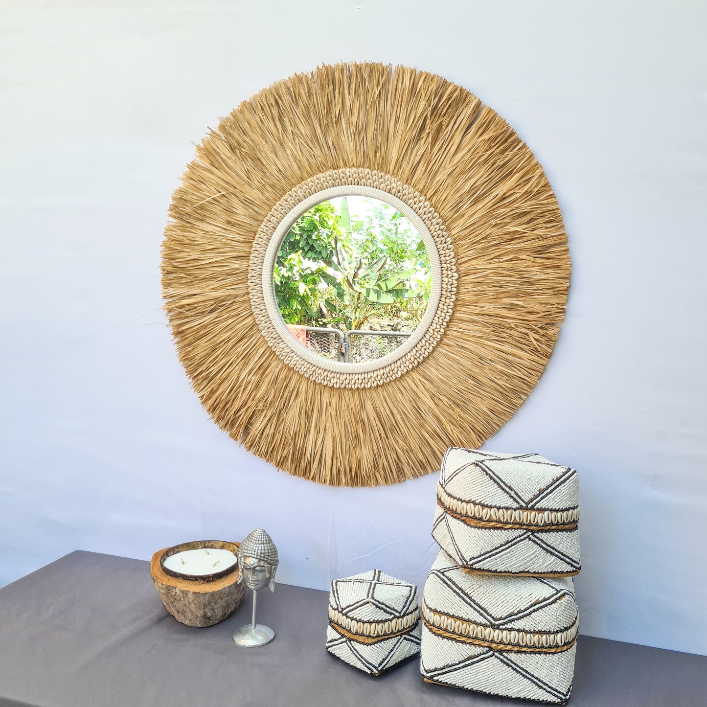 Tropical mirror 70cm boho decoration made from palm and shells bohemian mirror wall decor wall hangings feather decor