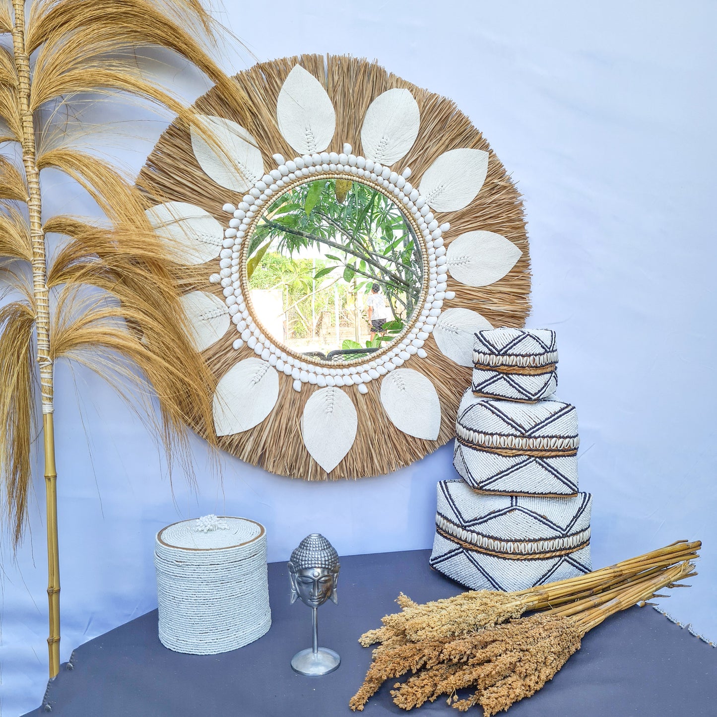 Boho mirror 60cm palm leaf macrame sea shells bohemian wall mirror wall hangings juju hat tropical decoration eco mirror
