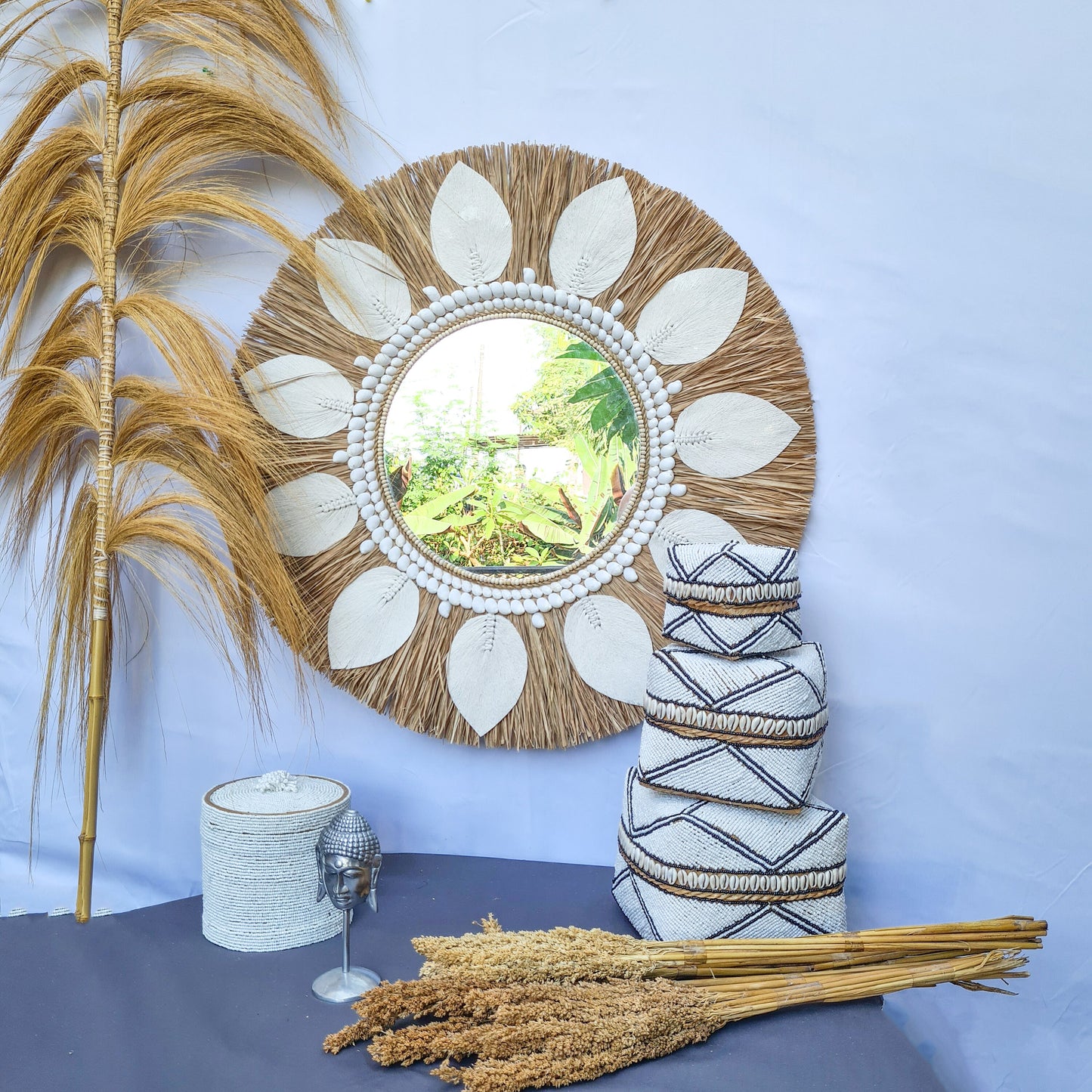 Boho mirror 60cm palm leaf macrame sea shells bohemian wall mirror wall hangings juju hat tropical decoration eco mirror