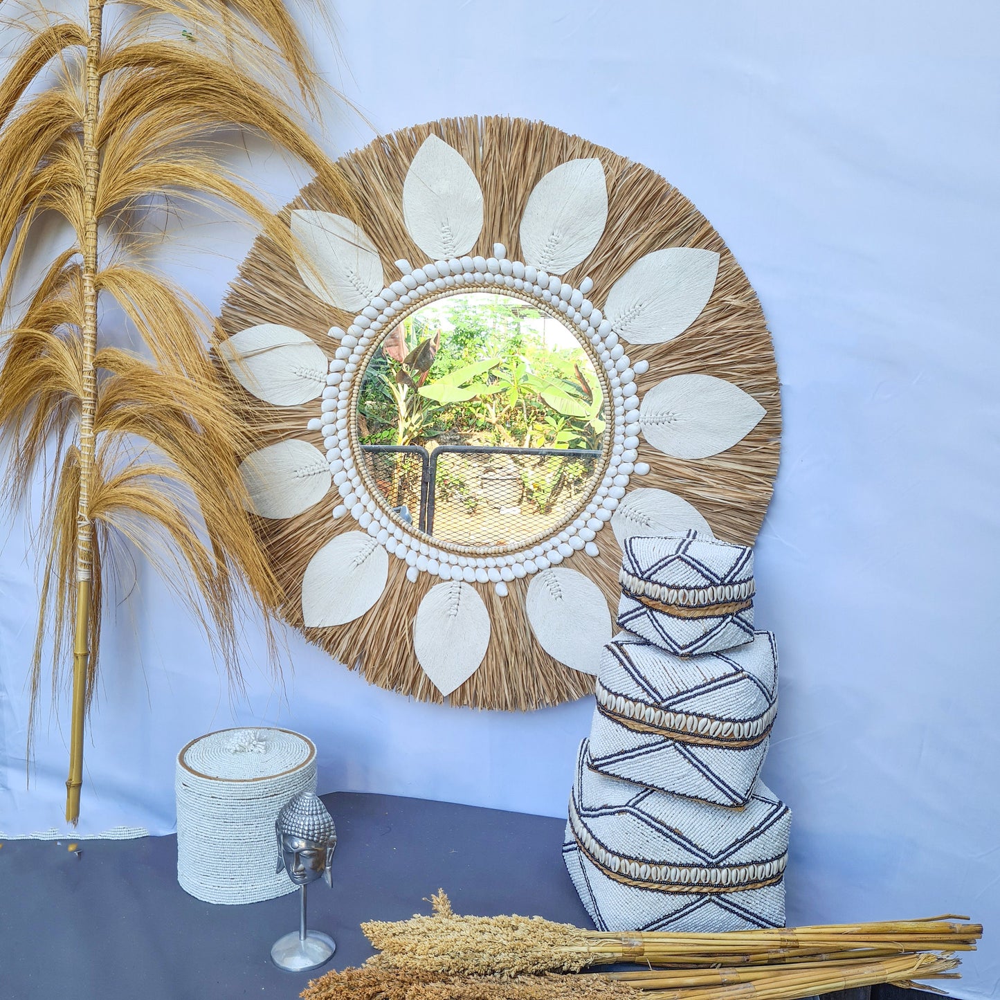 Boho mirror 60cm palm leaf macrame sea shells bohemian wall mirror wall hangings juju hat tropical decoration eco mirror