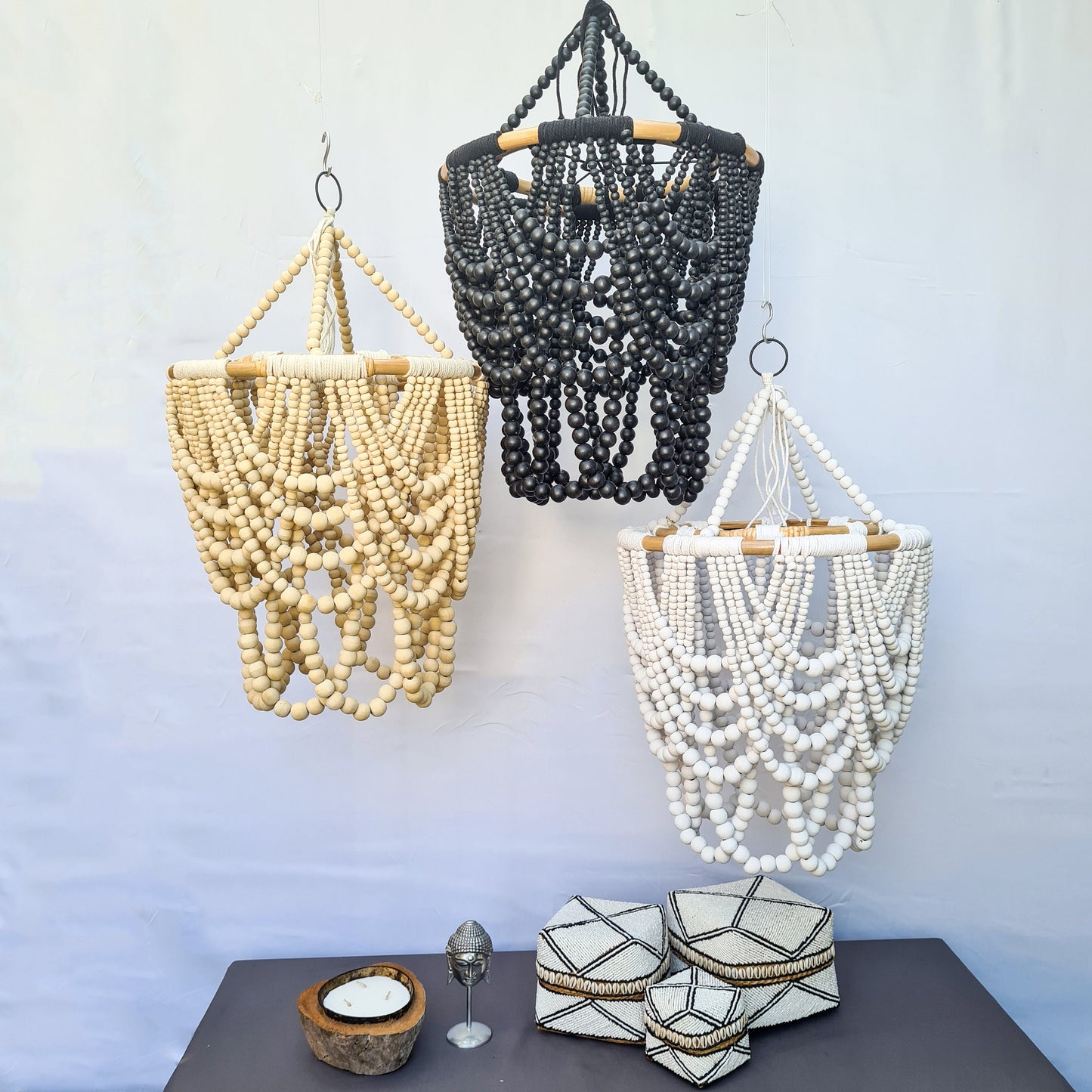 Pendant lampshade 40x65cm "Diana" | rattan ring beaded chandelier wooden lamp shade beads lighting eco decor interior items boho