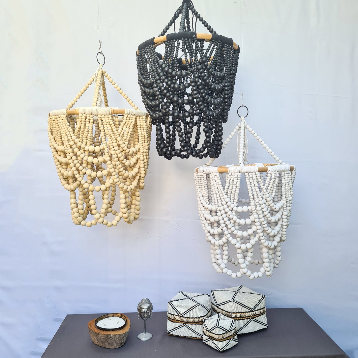Pendant lampshade 40x65cm "Diana" | rattan ring beaded chandelier wooden lamp shade beads lighting eco decor interior items boho