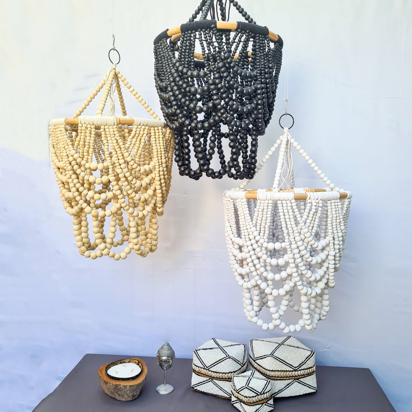 Pendant lampshade 40x65cm "Diana" | rattan ring beaded chandelier wooden lamp shade beads lighting eco decor interior items boho