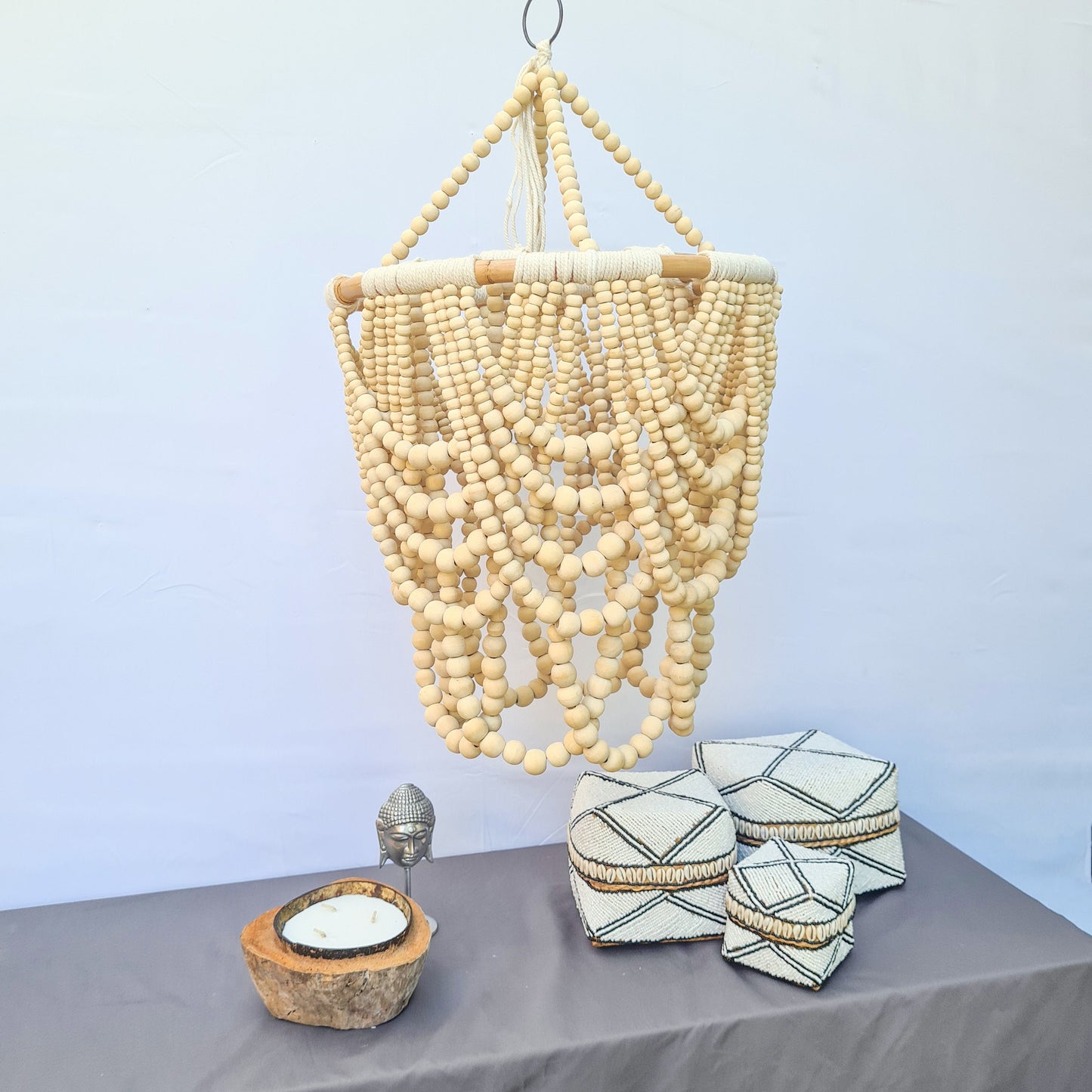 Pendant lampshade "Diana" 40x65cm clear | beaded chandelier wooden rattan ring lamp shade beads lighting eco decor interior items boho