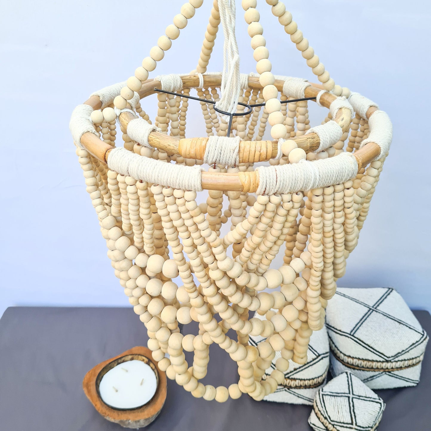 Pendant lampshade "Diana" 40x65cm clear | beaded chandelier wooden rattan ring lamp shade beads lighting eco decor interior items boho