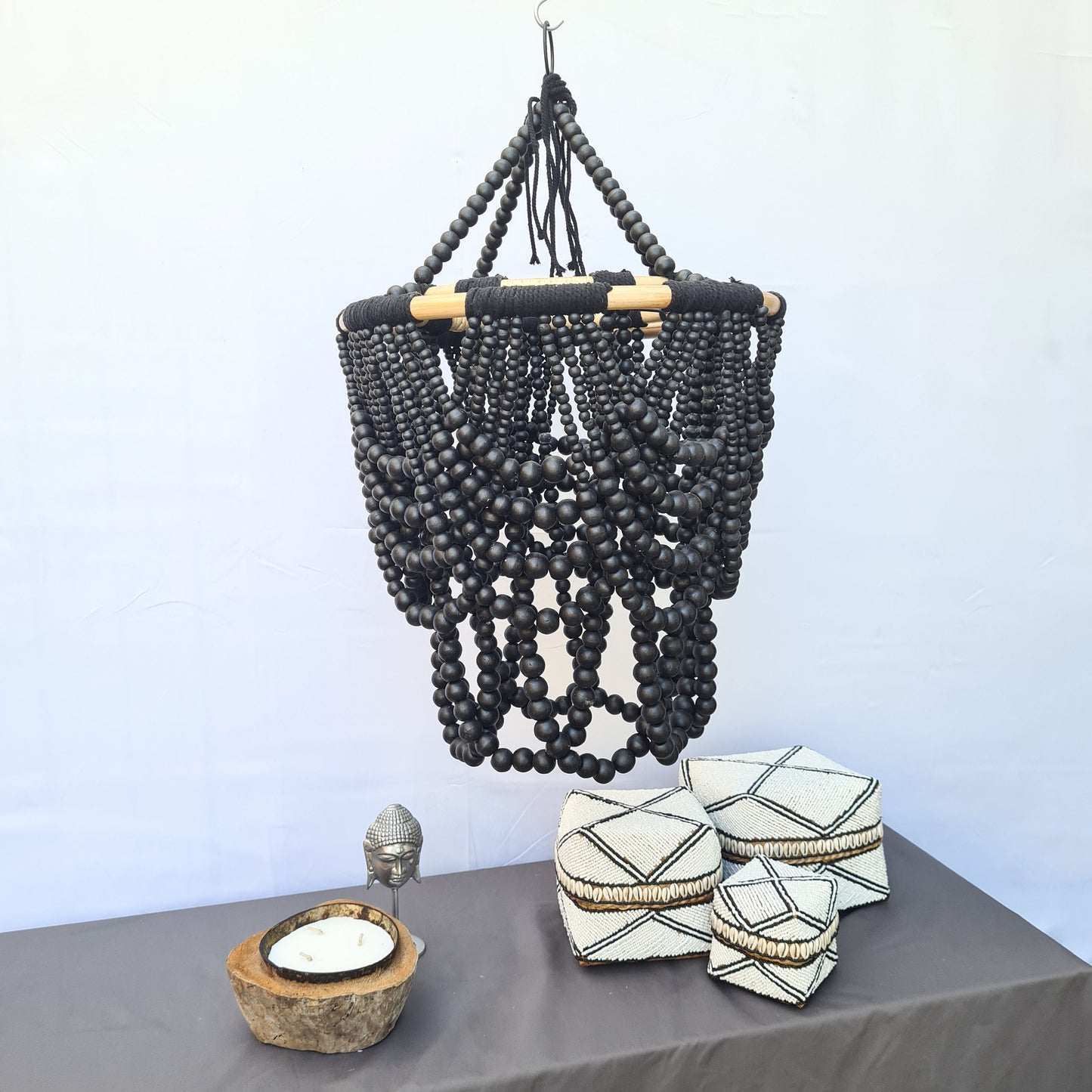 Beaded lampshade "Diana" 40x65cm black | pendant chandelier wooden rattan ring lamp shade beads lighting eco decor interior items boho