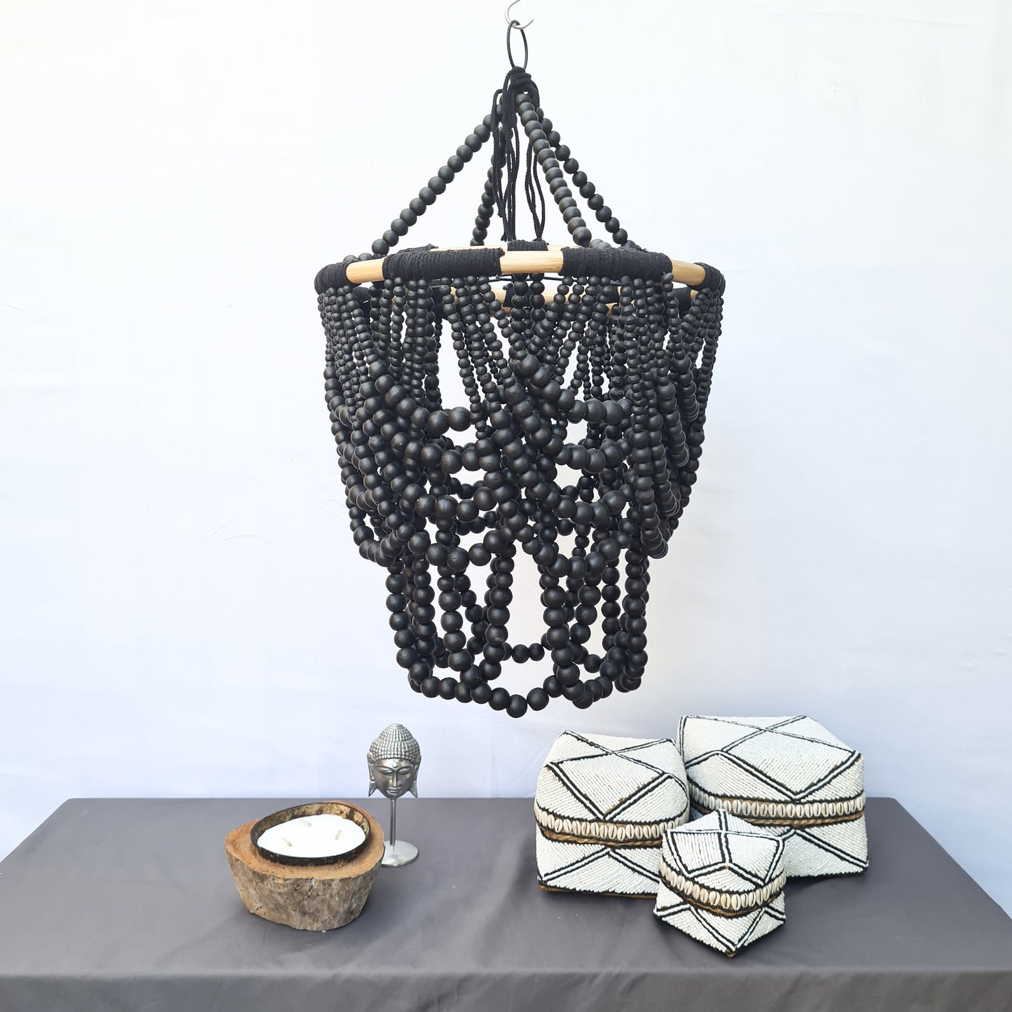 Beaded lampshade "Diana" 40x65cm black | pendant chandelier wooden rattan ring lamp shade beads lighting eco decor interior items boho
