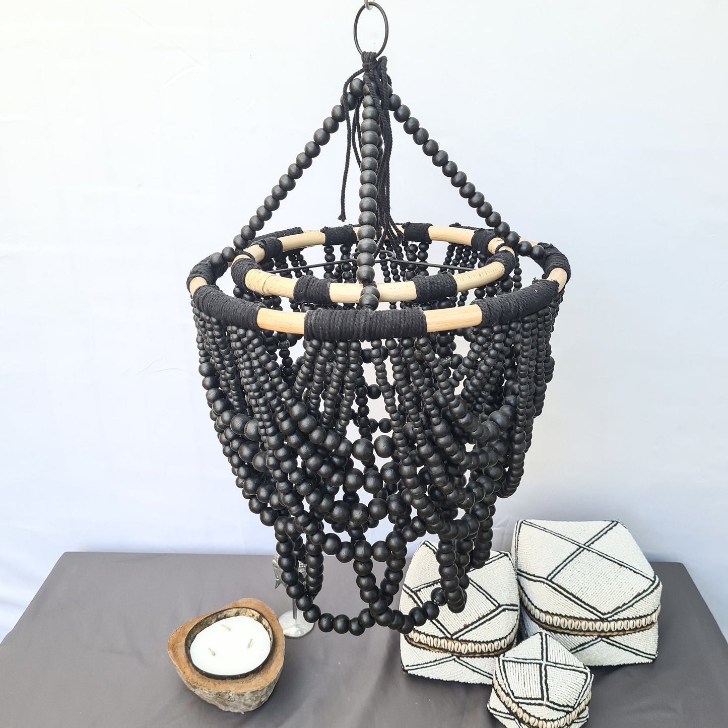 Beaded lampshade "Diana" 40x65cm black | pendant chandelier wooden rattan ring lamp shade beads lighting eco decor interior items boho