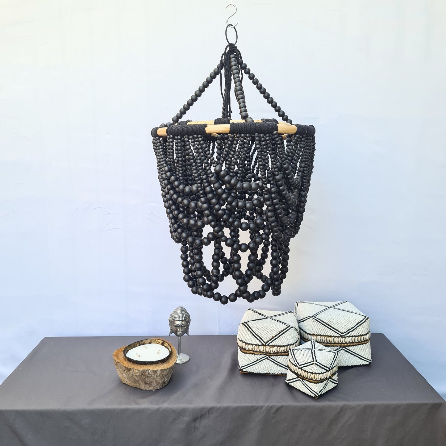 Beaded lampshade "Diana" 40x65cm black | pendant chandelier wooden rattan ring lamp shade beads lighting eco decor interior items boho