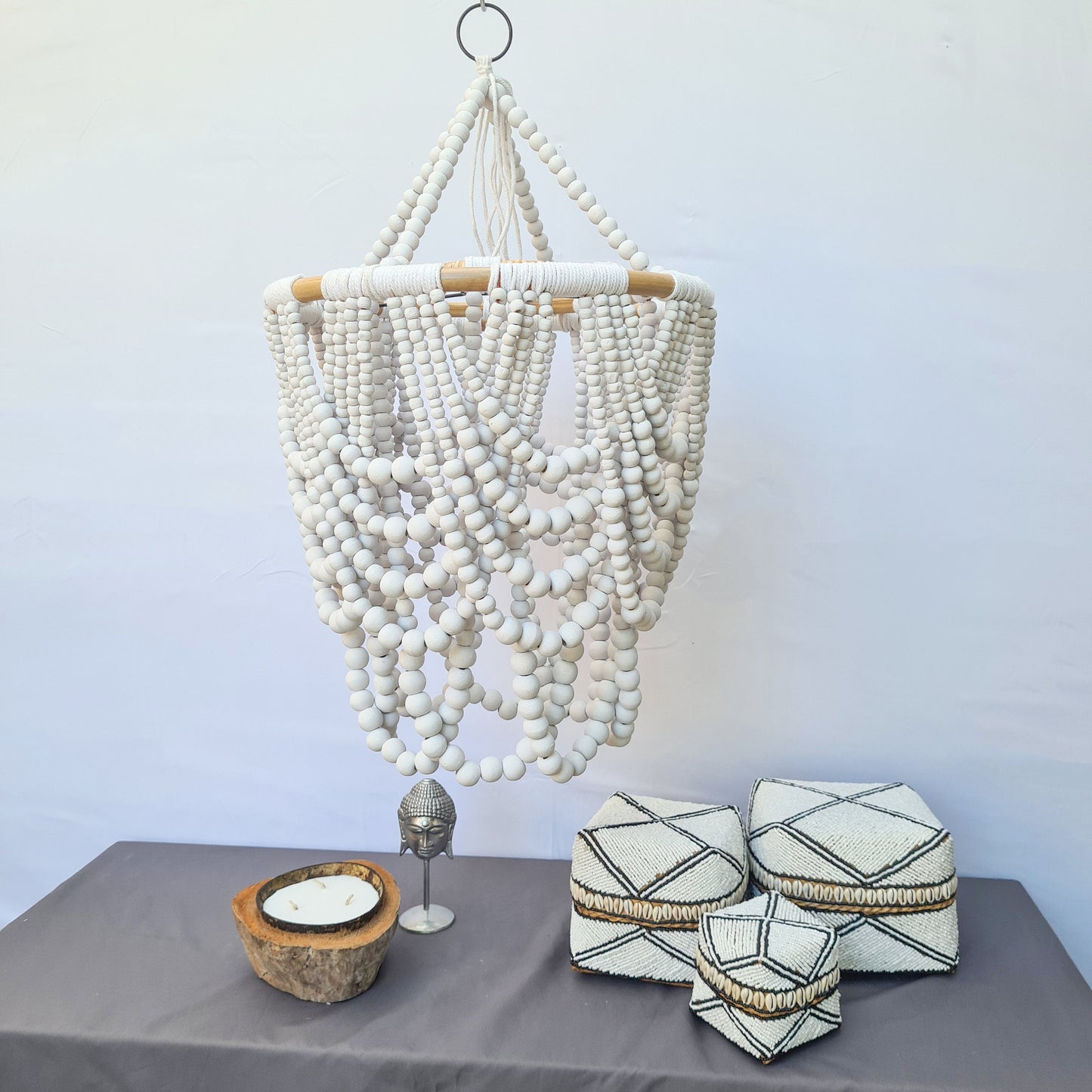 Pendant lampshade "Diana" 40x65cm white | beaded chandelier wooden rattan ring lamp shade beads lighting eco decor interior items boho