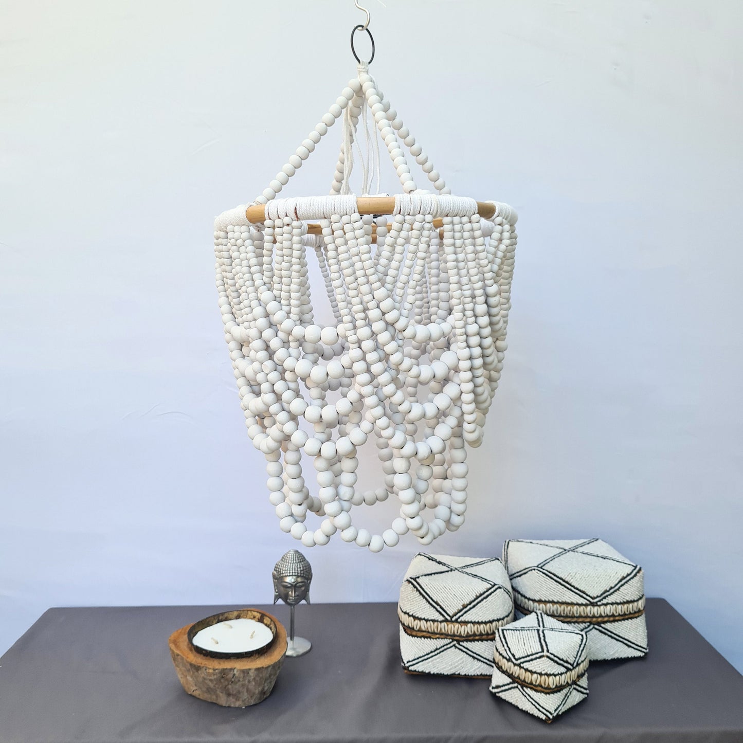 Pendant lampshade "Diana" 40x65cm white | beaded chandelier wooden rattan ring lamp shade beads lighting eco decor interior items boho