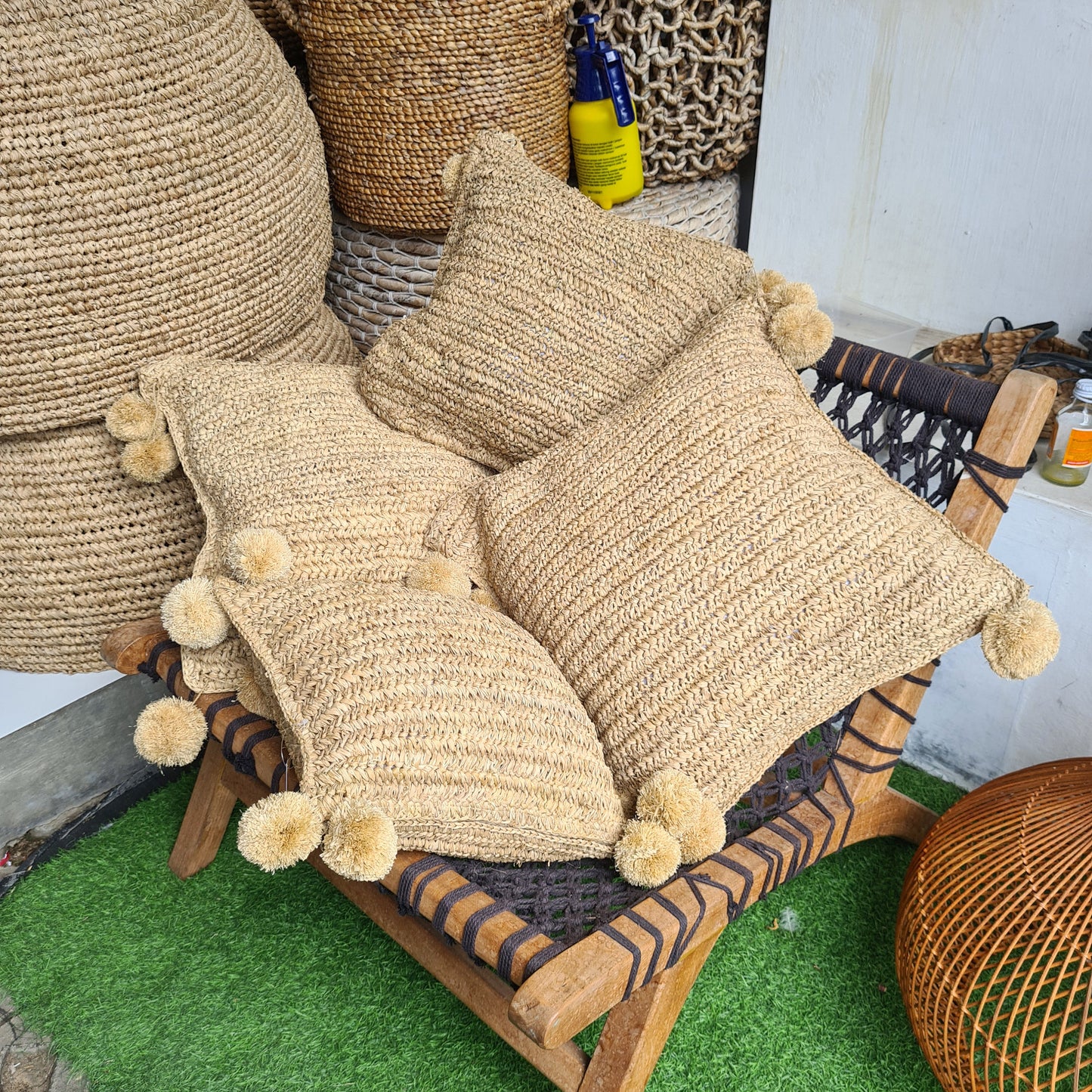 Pillowcase hand made from palm rafia eco pillowslip organic material bali decor pillow