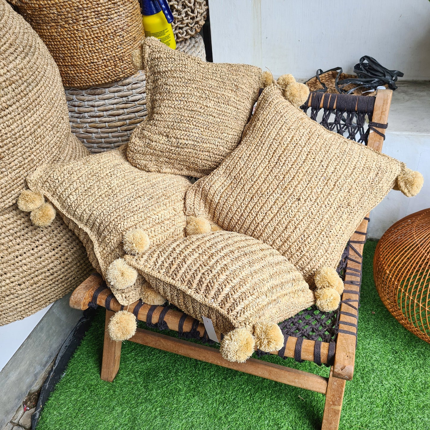 Pillowcase hand made from palm rafia eco pillowslip organic material bali decor pillow