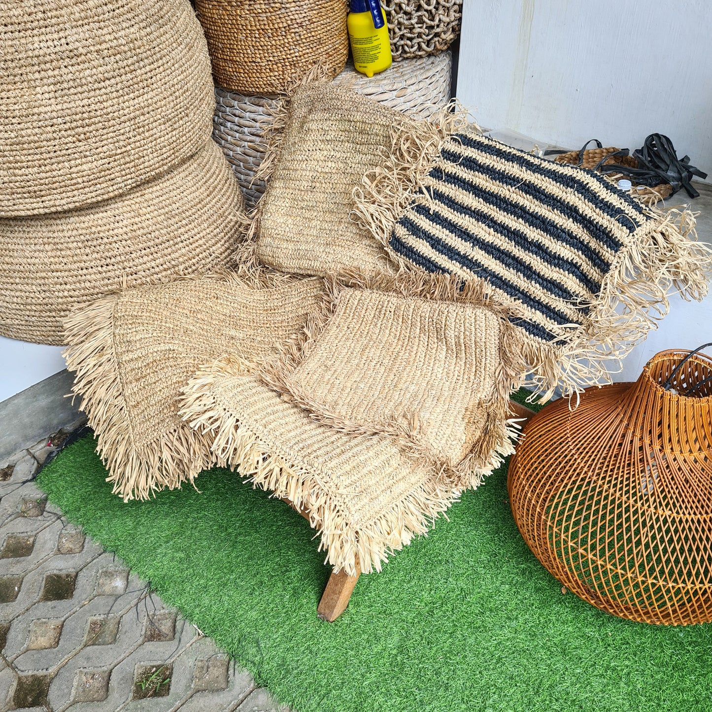 Eco pillowcase hand made from palm rafia pillowslip organic material pillow bali decor