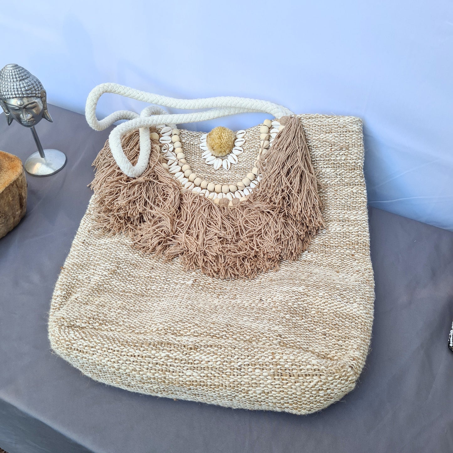 Linen wicker bag 40x38cm bali summer beach bag | handbag shoulder bag hand basket woven bag purse case pouch satchel sac