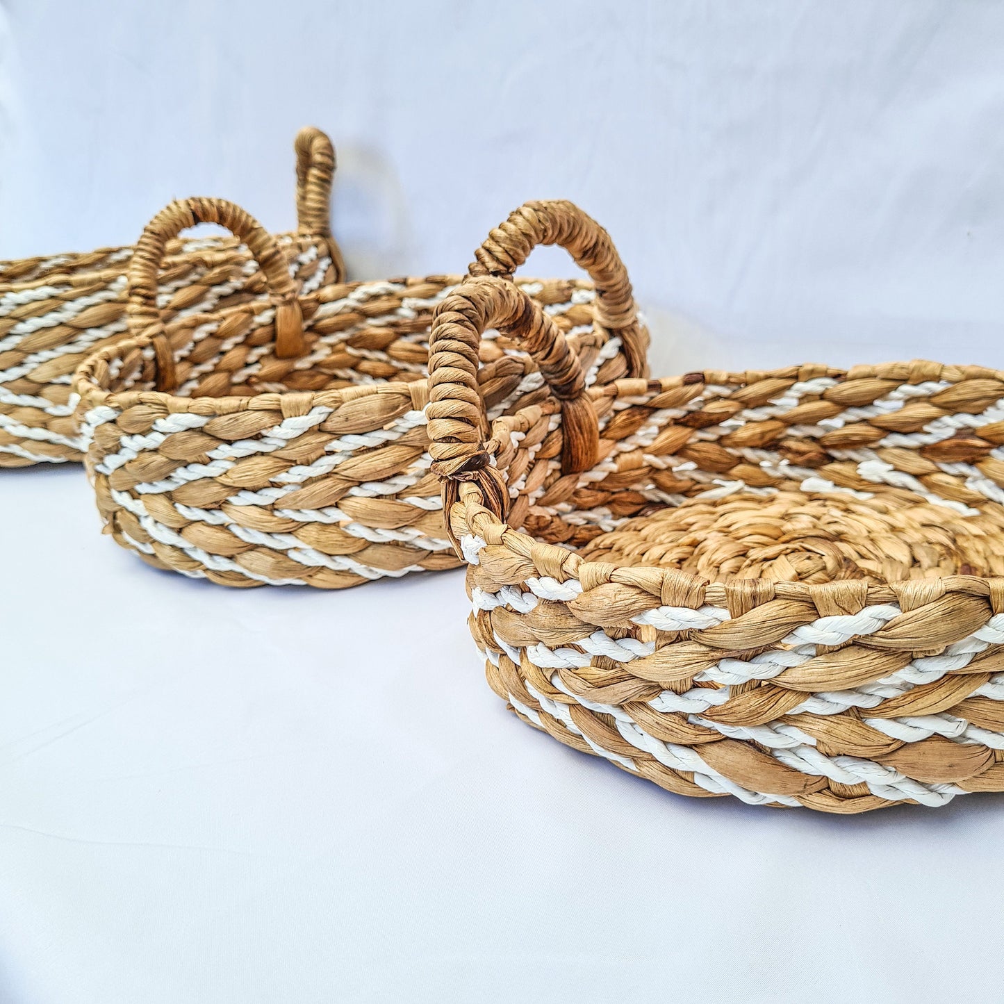 Eco wicker baskets set of 3 | white striped water hyacinth basket for decoration home pad woven interior items