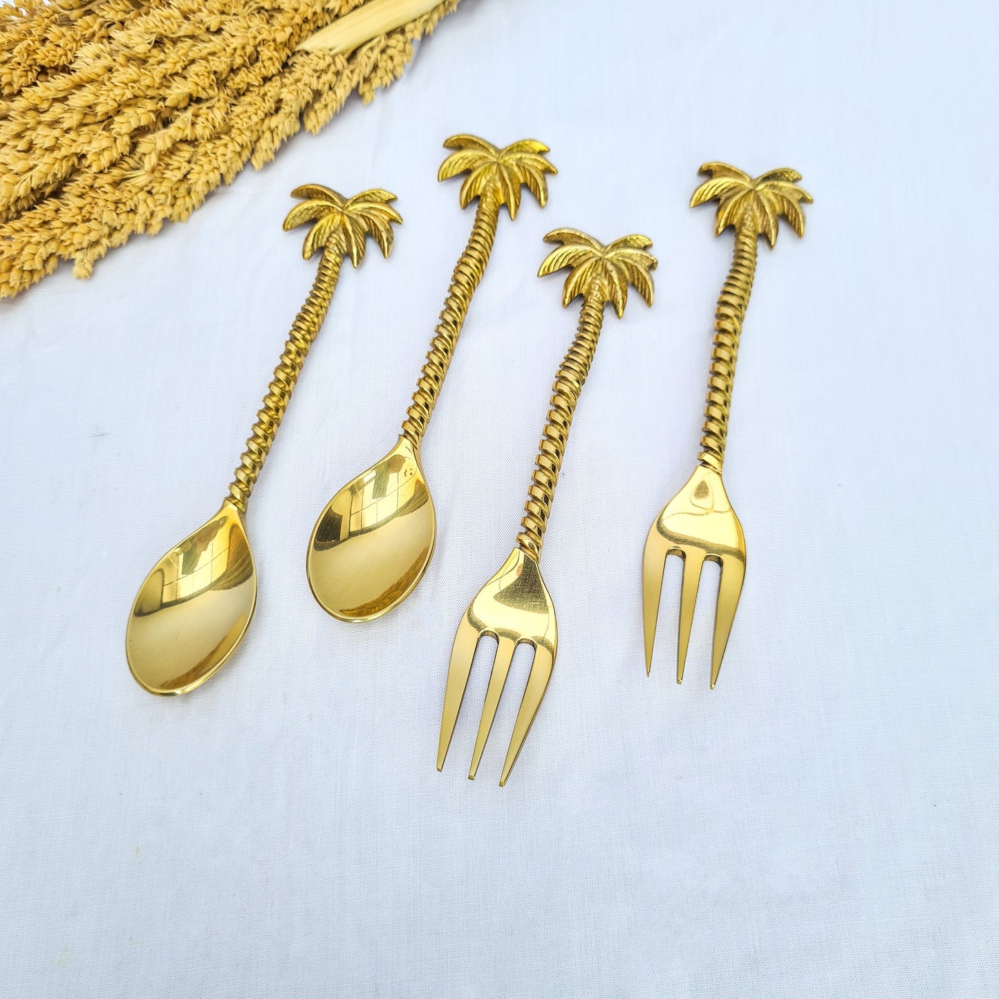 Cutlery set dessert palm hand made brass eco tableware fork spoon bali flatware silverware luxury