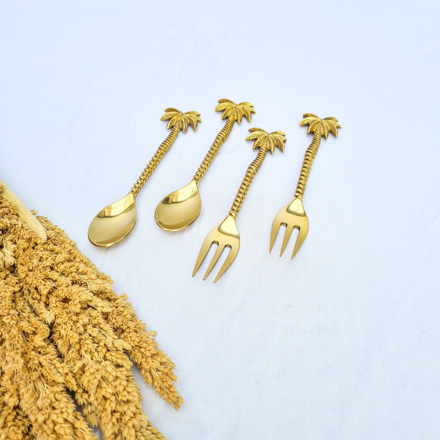 Cutlery set dessert palm hand made brass eco tableware fork spoon bali flatware silverware luxury