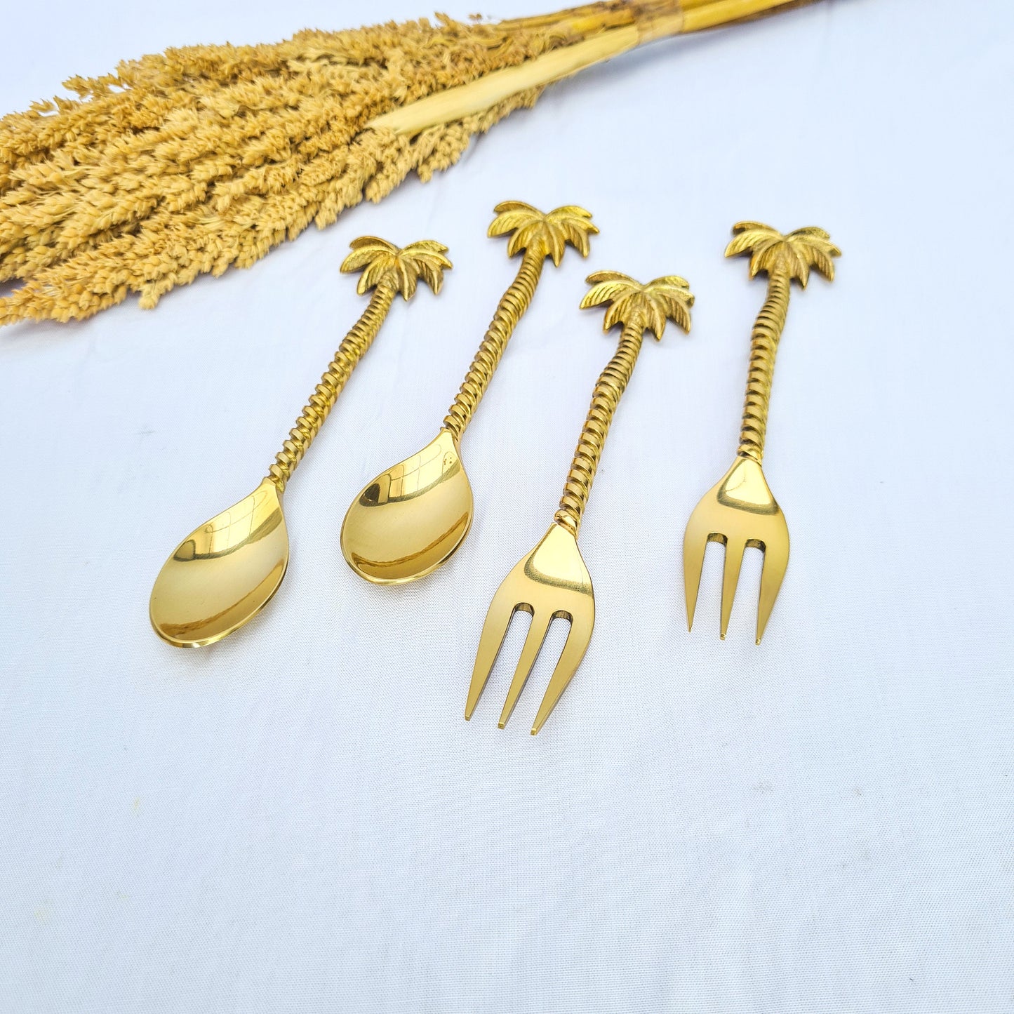 Cutlery set dessert palm hand made brass eco tableware fork spoon bali flatware silverware luxury
