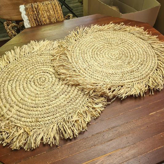 Wicker placemats napkin 40cm circle woven decor eco designe hand made palm rafia leaf boho style bali style serviette overlay placemat