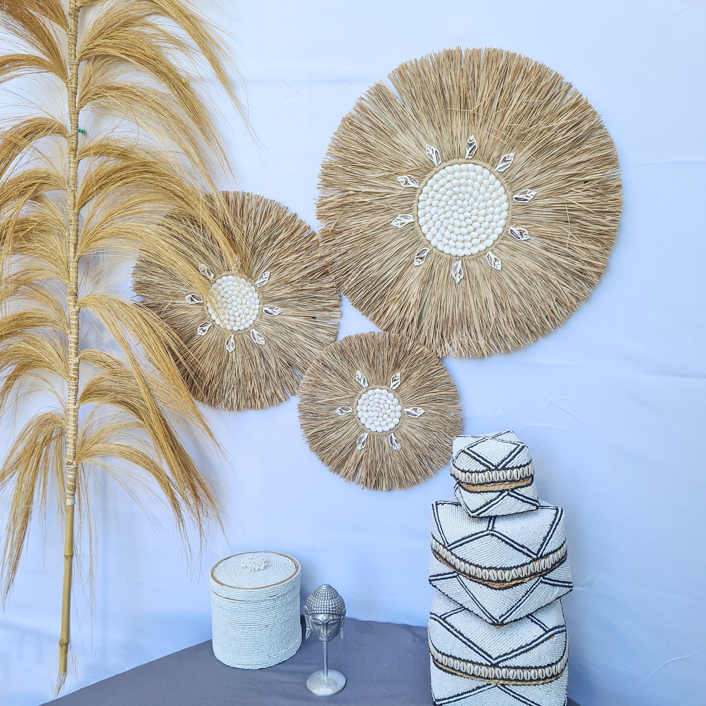 Wall decor set of 3 palm rafia shells 50,40,30cm wall decor wall hangings jujuhat juju hat shell decoration bohemian style boho decor