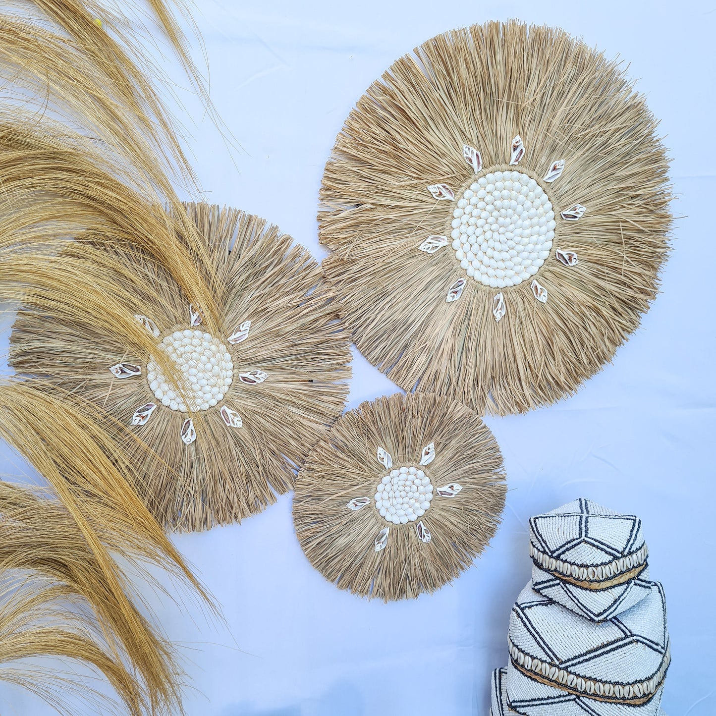 Wall decor set of 3 palm rafia shells 50,40,30cm wall decor wall hangings jujuhat juju hat shell decoration bohemian style boho decor