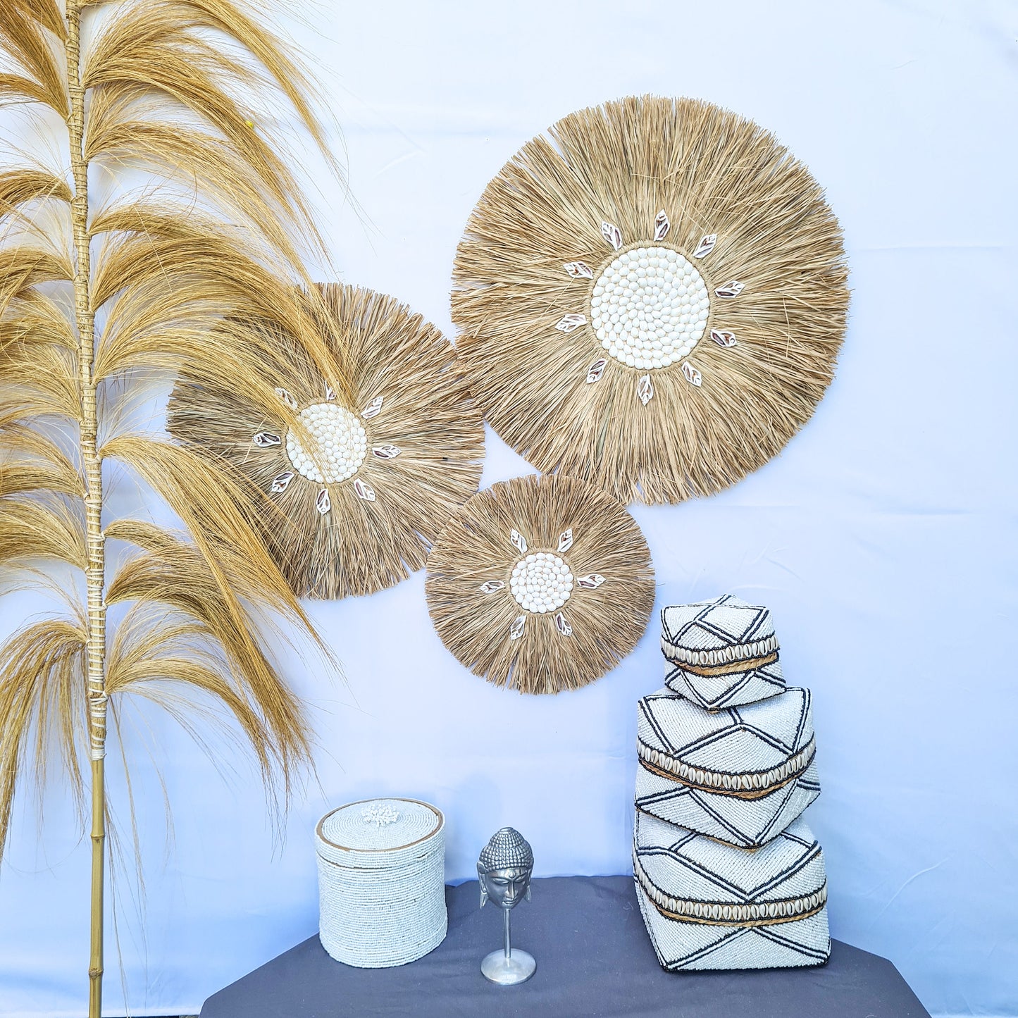 Wall decor set of 3 palm rafia shells 50,40,30cm wall decor wall hangings jujuhat juju hat shell decoration bohemian style boho decor
