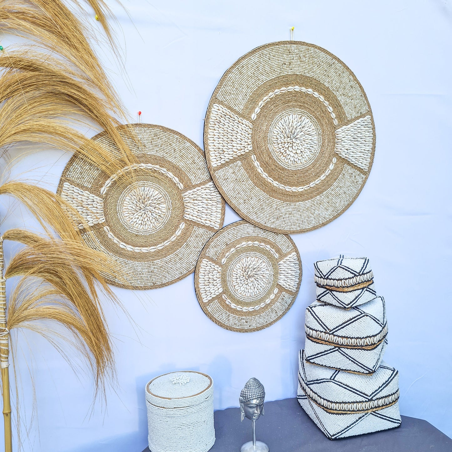 Wall shell decor 40, 50, 60cm juju hat boho decoration eco decor wall hanging bohemian style wall baskets wicker wall tray beads